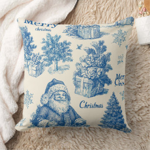 Vintage Blue Santa Christmas Toile Pattern Cushion