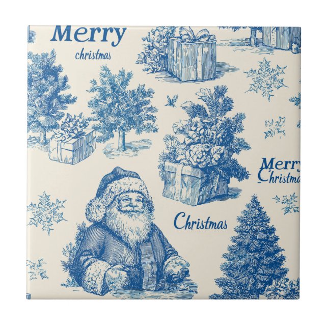 Vintage Blue Santa Christmas Toile Pattern Tile (Front)