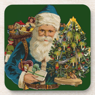 Vintage Blue Santa With Gifts Set of Cork Coasters