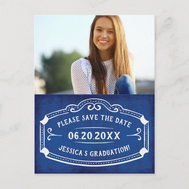 Vintage Blue Save The Date Graduation Photo Postcard (Front)