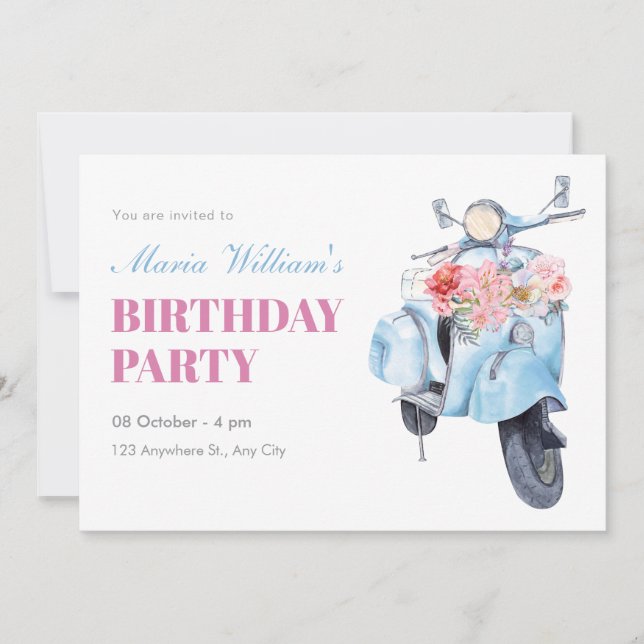 Vintage blue scooter birthday invitation (Front)