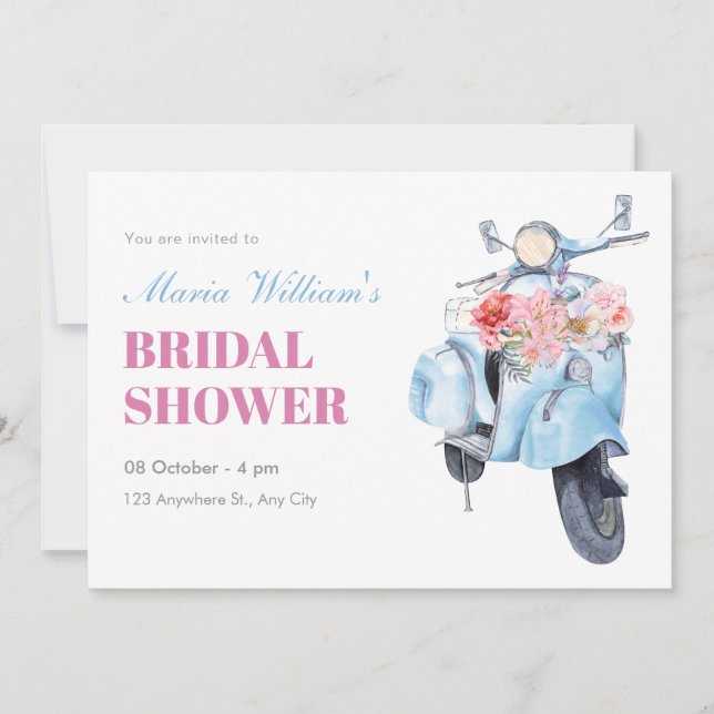 Vintage blue scooter bridal shower invitation (Front)