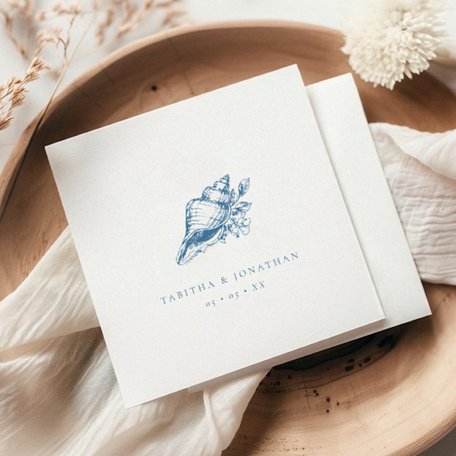 Vintage Blue Seashell Coastal Wedding Napkin (Creator Uploaded)