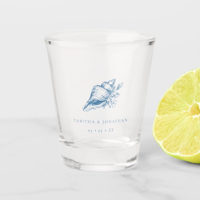 Vintage Blue Seashell Coastal Wedding Shot Glass (Front)