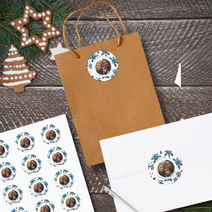 Vintage Blue Snowflake Christmas Photo Sticker