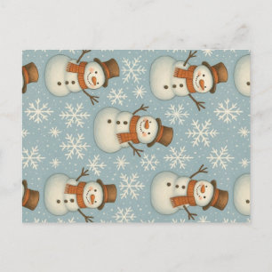 Vintage blue snowmen and snowflake holiday postcard