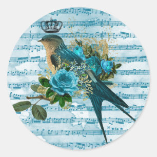 Vintage Blue Song Bird on Sheet Music  Classic Round Sticker