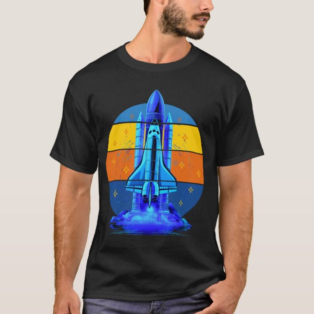 Vintage Blue Space Shuttle Spaceship T-Shirt (Front)