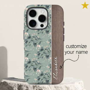 Vintage Blue Spring Flowers Wood Custom Name iPhone 16 Pro Case
