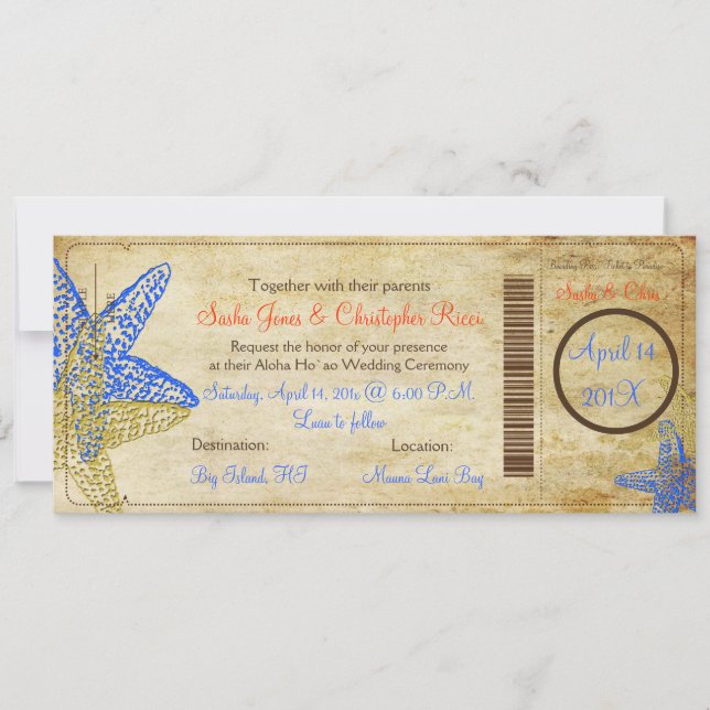 VINTAGE BLUE STARFISH BOARDING PASS INVITATIONS (Front)