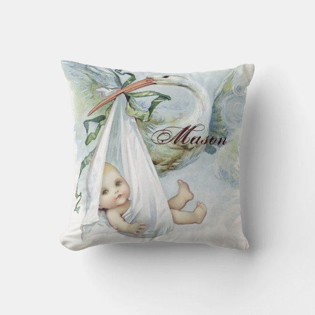 Vintage Blue Stork Baby Boy Nursery Pillows (Front)