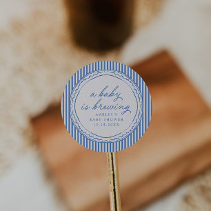 Vintage Blue Stripe Baby is Brewing Classic Round Sticker
