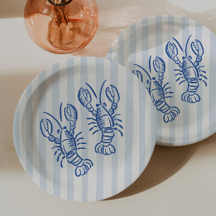 Vintage Blue Stripe Lobster Birthday Paper Plate
