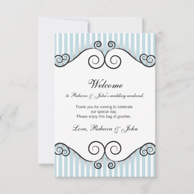 Vintage Blue Striped Wedding Welcome Card (Front)