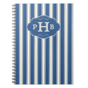 Vintage Blue Stripes Elegant Three-Letter Monogram Notebook