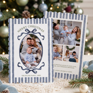 Vintage Blue Stripes Family Photo Christmas Holiday Card