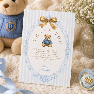 Vintage Blue Stripes Polo Teddy Bear Baby Shower Thank You Card