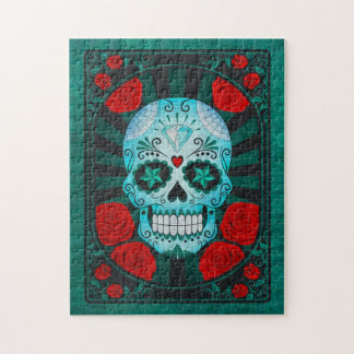 Vintage Blue Sugar Skull with Roses Poster Jigsaw Puzzle