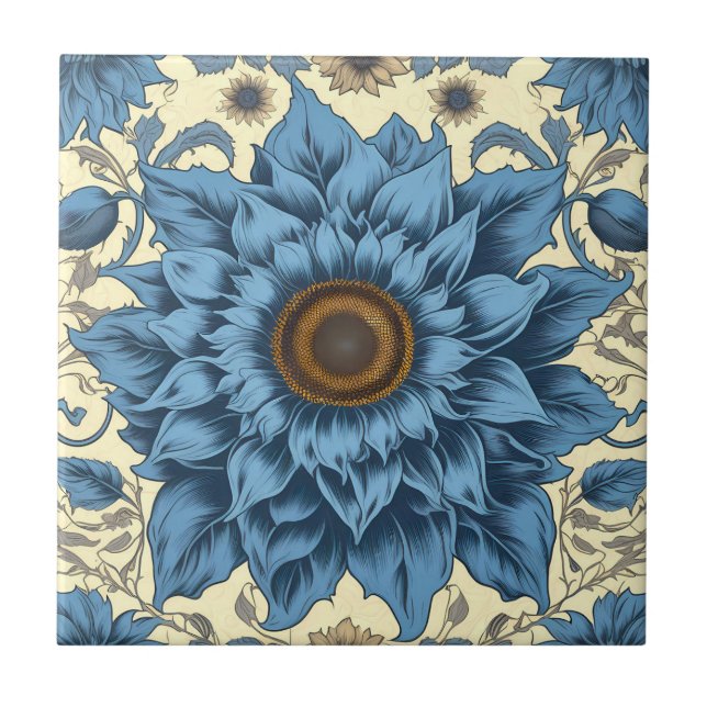Vintage blue sunflowers art tile (Front)