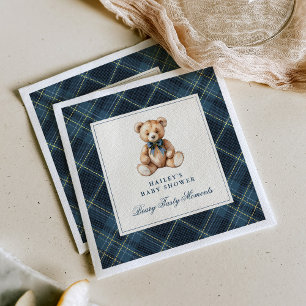 Vintage Blue Tartan Teddy Bear Baby Shower Napkin