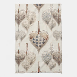 Vintage Blue Taupe Filigree Christmas Heart Tea Towel
