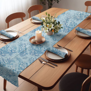 Vintage Blue Teal French Country Toile de Jouy Short Table Runner