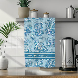 Vintage blue teal toile de jouy printed tea towel