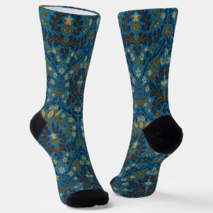 Vintage Blue Teal William Morris Autumn Flowers Socks