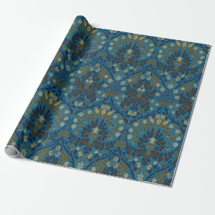 Vintage Blue Teal William Morris Autumn Flowers Wrapping Paper