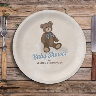 Vintage Blue Teddy Bear Custom Baby Shower Paper Plate