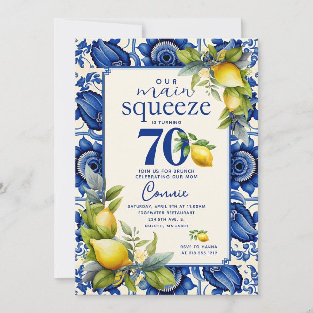 Vintage Blue Tile Yellow Lemon 70th Birthday Invitation (Front)