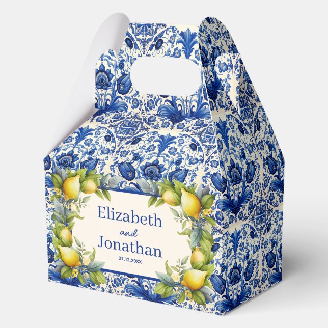 Vintage Blue Tile Yellow Lemons Wedding Favour Box (Front)