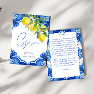 Vintage Blue tiles lemons Italian bridal shower Thank You Card