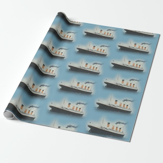 Vintage Blue Titanic Ship Birthday Wrapping Paper (Unrolled)