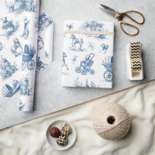 Vintage Blue Toile Baby Theme Wrapping Paper