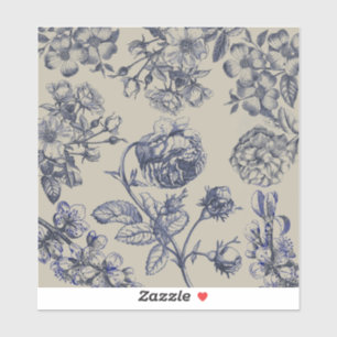 Vintage Blue Toile Botanical Floral Antique Patter