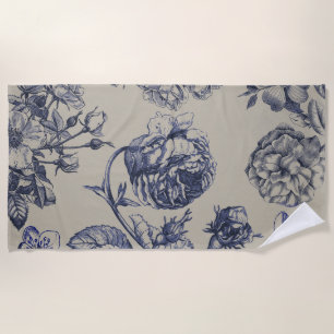 Vintage Blue Toile Botanical Floral Antique Patter Beach Towel