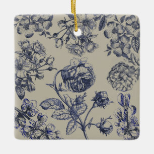 Vintage Blue Toile Botanical Floral Antique Patter Ceramic Ornament