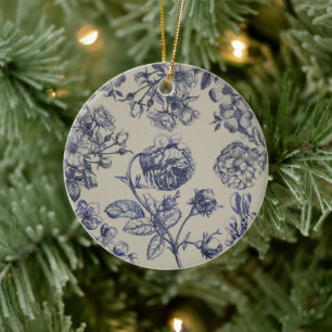 Vintage Blue Toile Botanical Floral Antique Patter Ceramic Tree Decoration