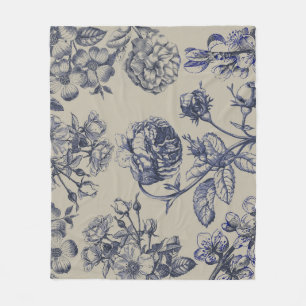 Vintage Blue Toile Botanical Floral Antique Patter Fleece Blanket