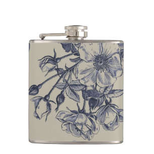 Vintage Blue Toile Botanical Floral Antique Patter Hip Flask