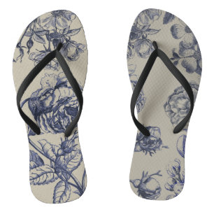Vintage Blue Toile Botanical Floral Antique Patter Jandals