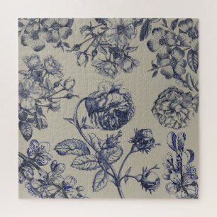 Vintage Blue Toile Botanical Floral Antique Patter Jigsaw Puzzle