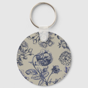 Vintage Blue Toile Botanical Floral Antique Patter Key Ring