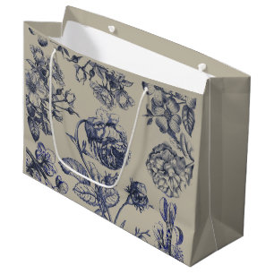 Vintage Blue Toile Botanical Floral Antique Patter Large Gift Bag