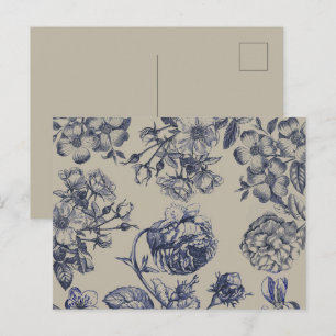 Vintage Blue Toile Botanical Floral Antique Patter Postcard