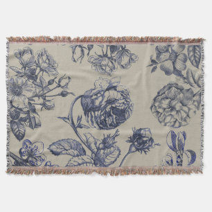 Vintage Blue Toile Botanical Floral Antique Patter Throw Blanket