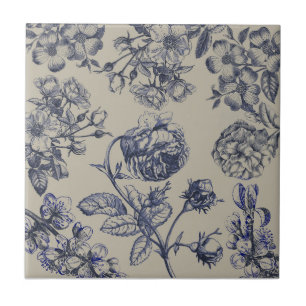 Vintage Blue Toile Botanical Floral Antique Patter Tile
