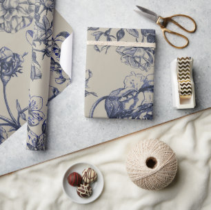 Vintage Blue Toile Botanical Floral Antique Patter Wrapping Paper
