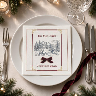 Vintage Blue Toile Burgundy Bow Christmas Cocktail Napkin